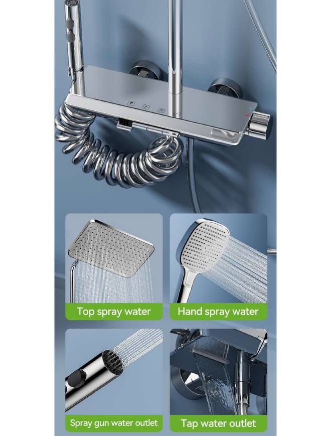 Four outlets: top spray, hand spray, spray gun, tap outlet