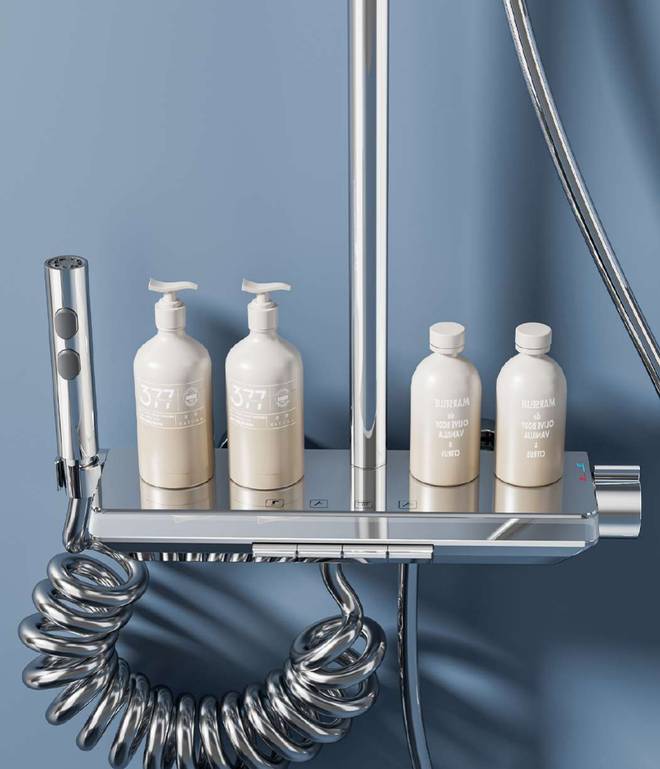 Wide storage shelf holds bath products
